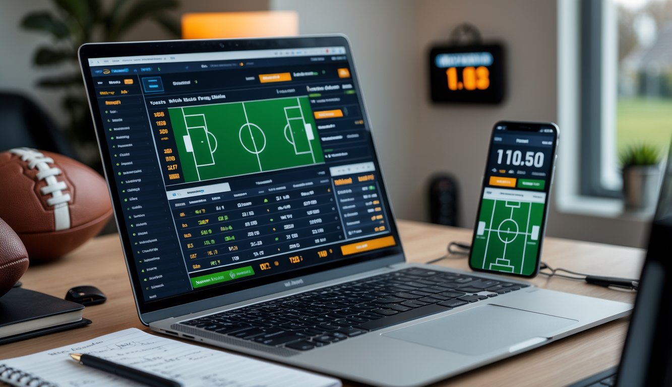 Seseorang sedang bekerja dengan laptop dan ponsel menampilkan pertandingan sepak bola, dengan catatan strategi di meja dalam ruangan yang nyaman.