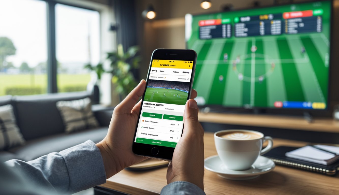 Seseorang memegang ponsel dengan aplikasi taruhan sepak bola terbuka, di latar belakang pertandingan sepak bola sedang berlangsung di layar besar.