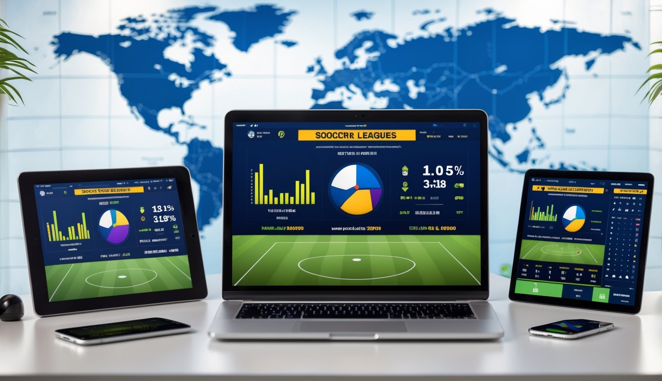 Orang menggunakan perangkat digital untuk memasang taruhan sepak bola online dengan statistik dan data pertandingan yang terlihat di layar.