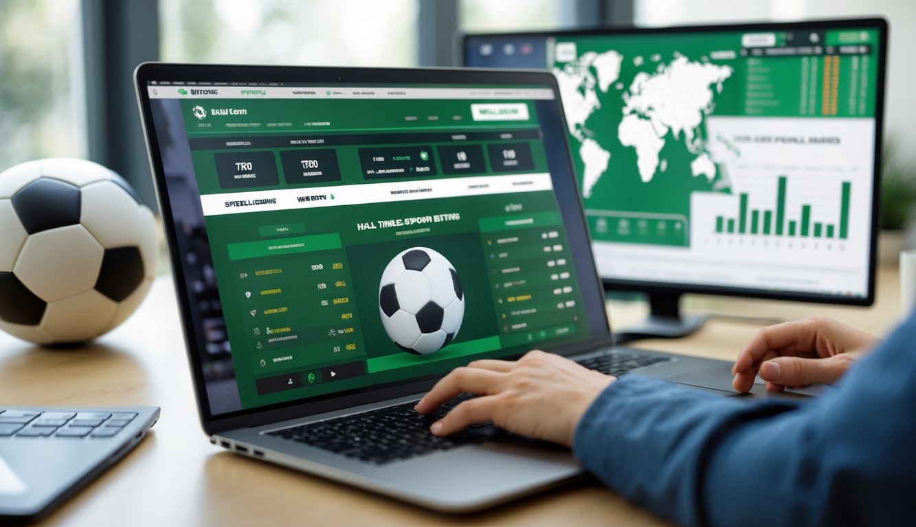 Seseorang menggunakan laptop dengan tampilan situs taruhan bola online yang menampilkan statistik pertandingan sepak bola dan opsi taruhan.
