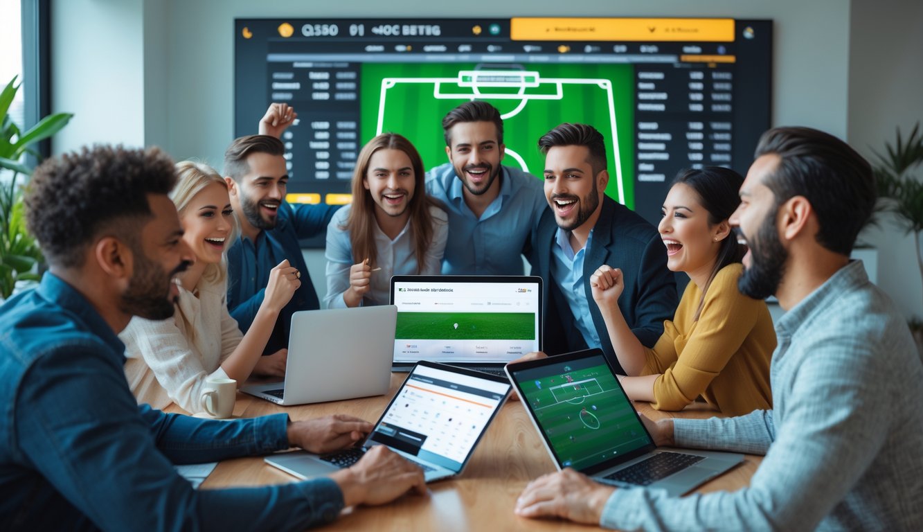 Sekelompok orang menggunakan perangkat digital untuk memasang taruhan sepak bola online dengan ekspresi antusias di ruang modern.