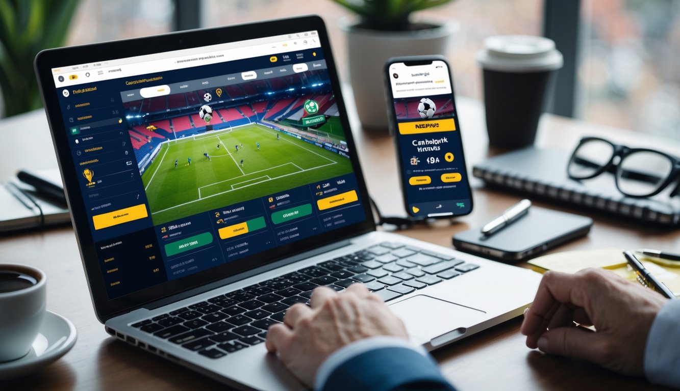 Seorang pengguna sedang menggunakan laptop dan perangkat mobile untuk memasang taruhan bola online saat pertandingan berlangsung.