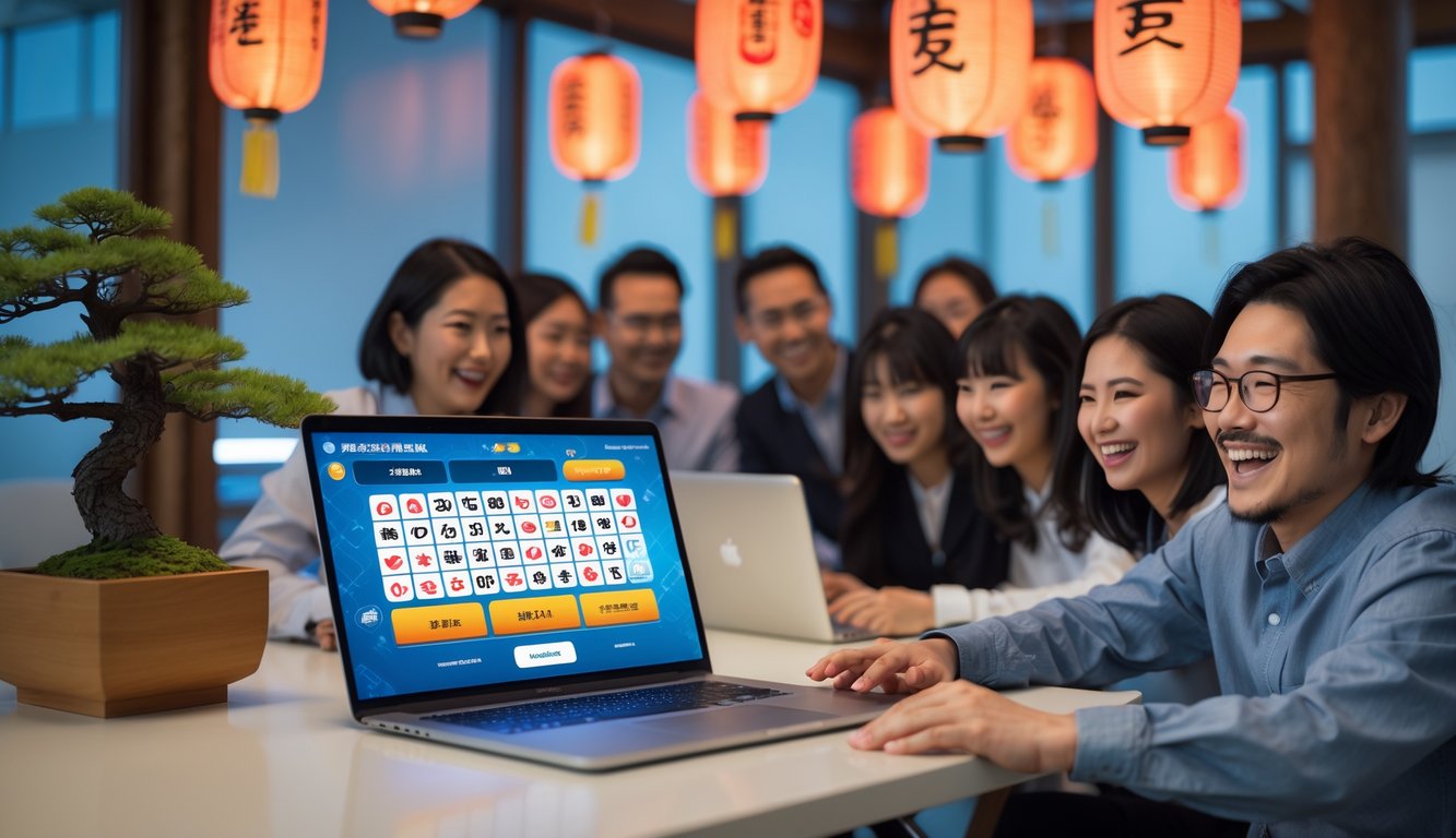 Orang-orang menggunakan laptop di meja kerja dengan elemen budaya Jepang di latar belakang, menunjukkan suasana permainan lotere online yang resmi dan menguntungkan.