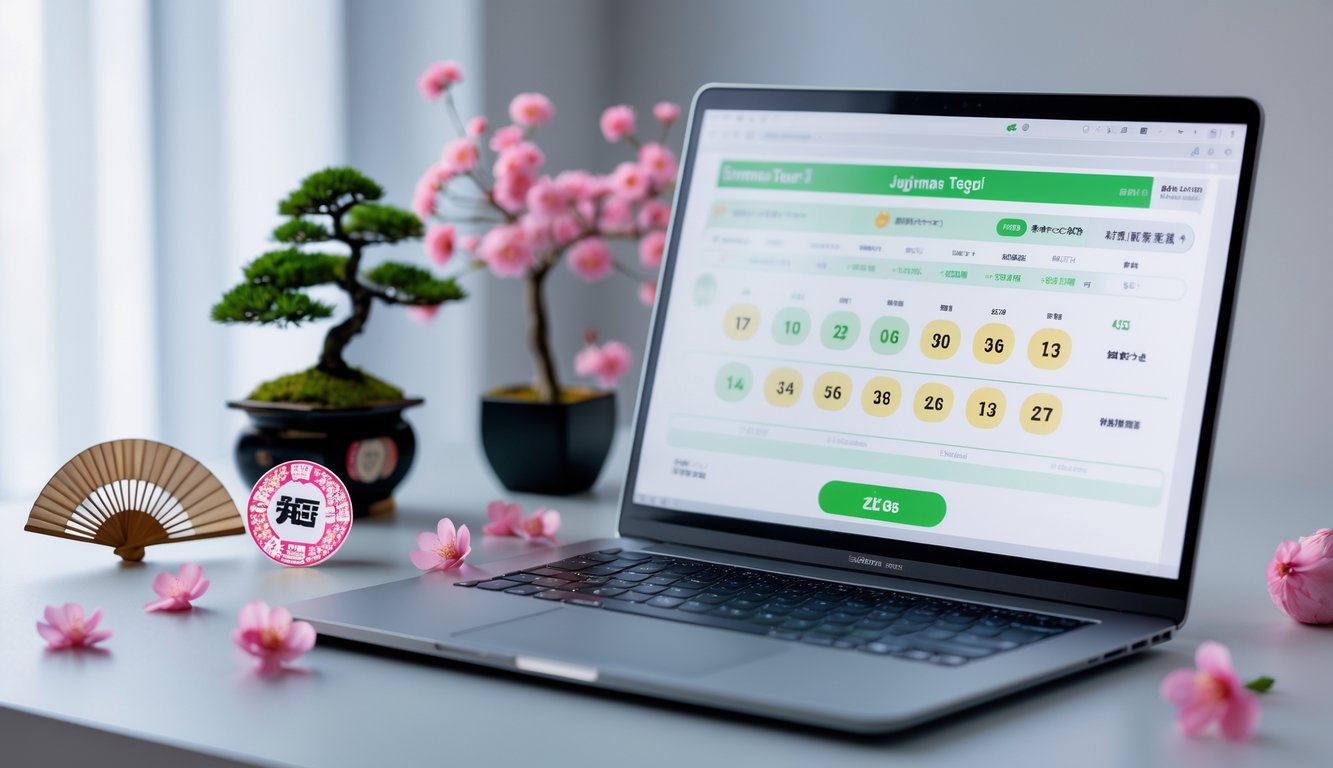 Meja kerja modern dengan laptop yang menampilkan antarmuka lotere digital dan elemen budaya Jepang seperti bonsai dan kipas tradisional.