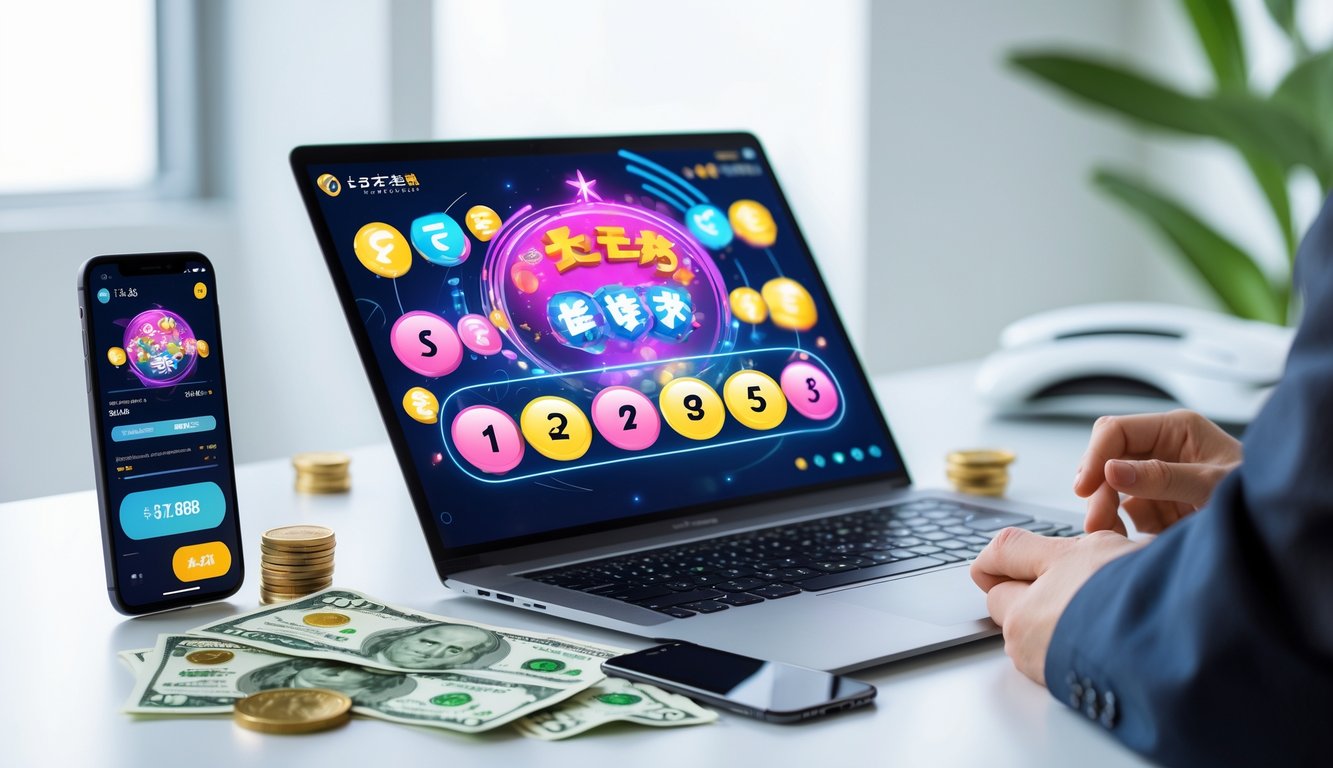 Sebuah meja kerja modern dengan laptop yang menampilkan antarmuka lotere Jepang, uang yen, dan ponsel yang menunjukkan notifikasi bonus.