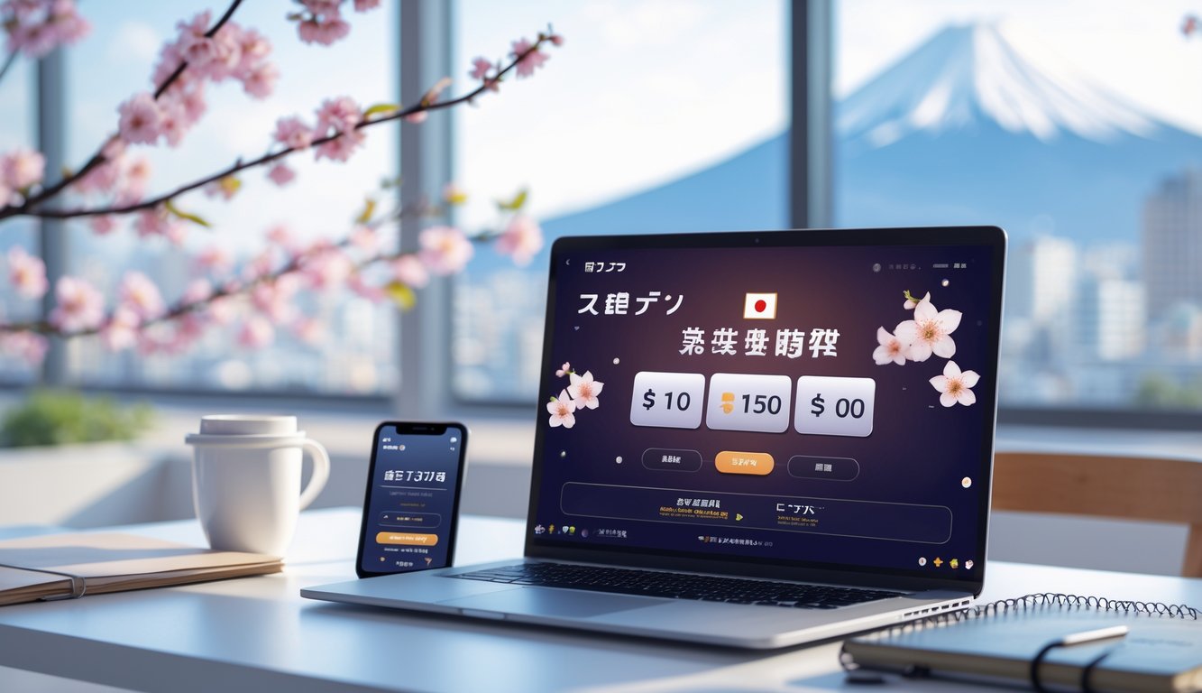 Seorang pengguna laptop di meja kerja modern dengan antarmuka lotere digital bertema Jepang di layar.