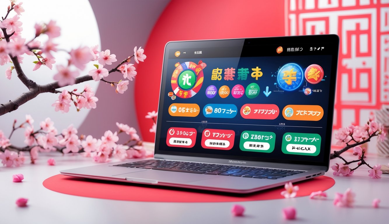 Seseorang menggunakan perangkat digital dengan tampilan antarmuka lotere online bertema Jepang, dikelilingi elemen budaya Jepang seperti bunga sakura.
