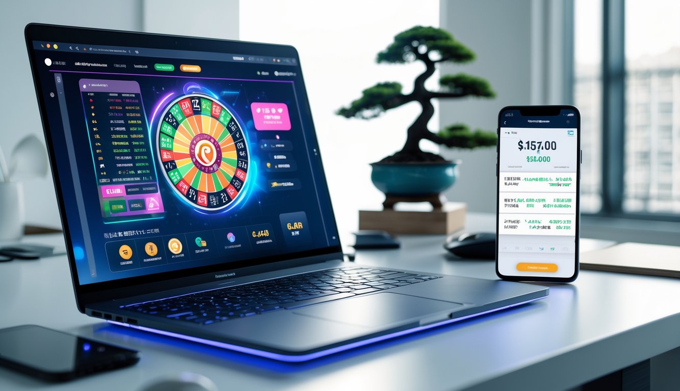 Seorang pengguna bekerja dengan laptop dan ponsel di meja yang rapi, menampilkan aktivitas permainan dan transaksi online cepat.