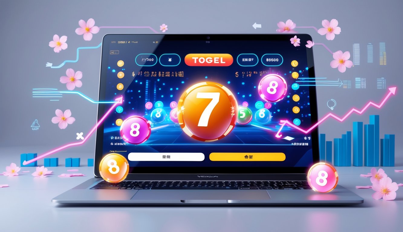 Perangkat elektronik menampilkan antarmuka permainan togel Jepang dengan latar belakang elemen Jepang dan simbol transaksi cepat dan keuntungan.