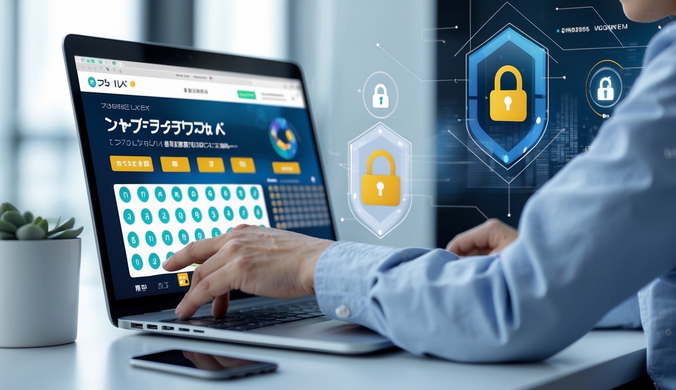 Seseorang menggunakan komputer di meja kerja yang bersih dengan tampilan antarmuka lotere digital dan ikon keamanan di latar belakang.