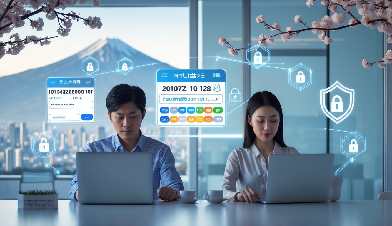 Beberapa orang menggunakan laptop dan ponsel di ruang kantor yang terang dengan latar belakang elemen Jepang dan simbol keamanan digital.