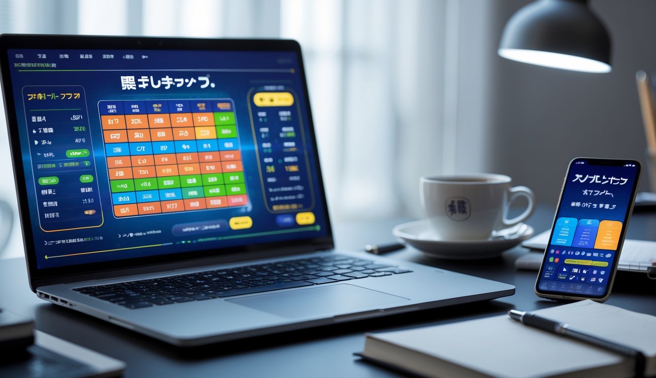 Sebuah ruang kerja modern dengan laptop dan ponsel yang menampilkan aplikasi togel online Jepang, dikelilingi oleh alat tulis dan kopi di meja.