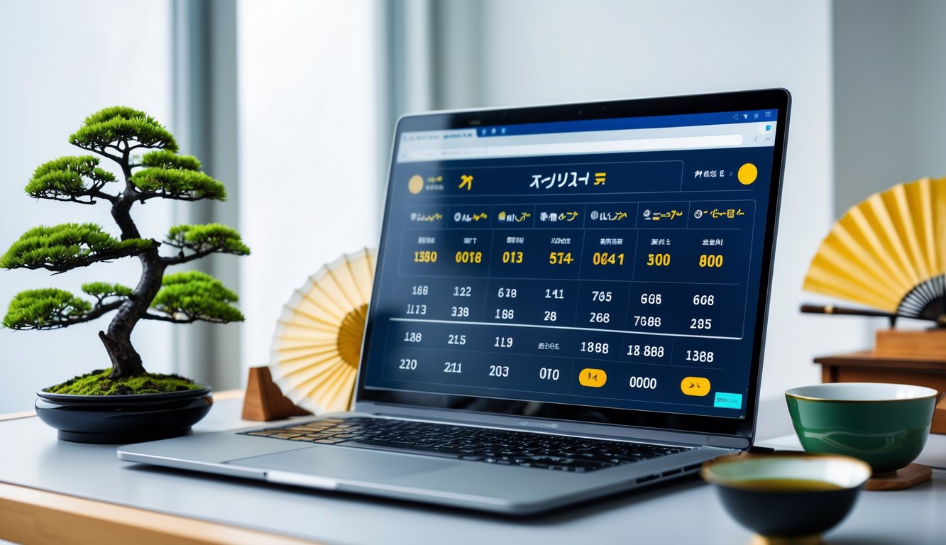 Meja kerja dengan laptop yang menampilkan layar permainan togel online Jepang, dikelilingi oleh elemen budaya Jepang seperti bonsai dan cangkir teh hijau.