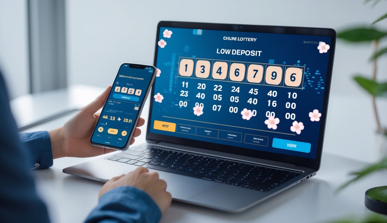 Seorang pria menggunakan laptop dan ponsel untuk bermain togel online dengan latar belakang yang bersih dan elemen Jepang seperti bendera kecil dan motif bunga sakura.