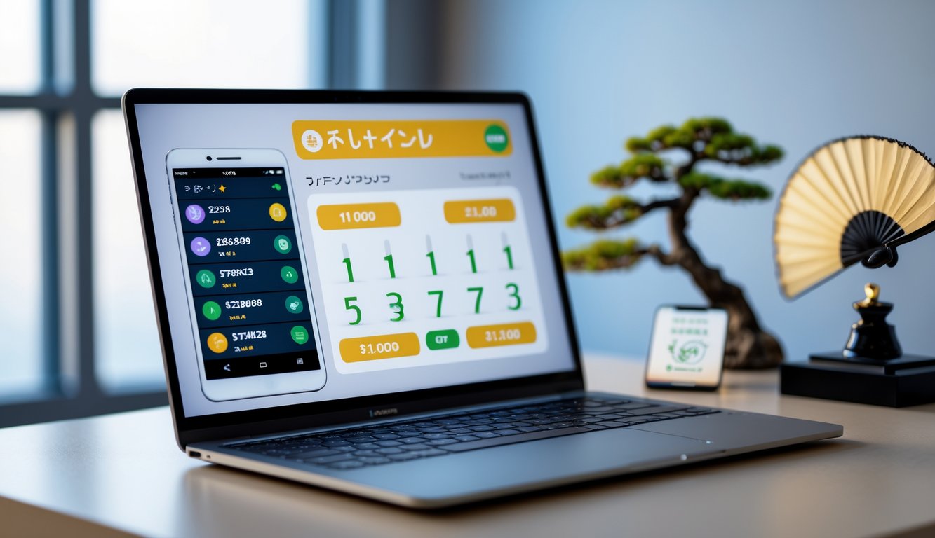 Meja kerja modern dengan laptop dan ponsel yang menampilkan antarmuka lotere online, dengan elemen budaya Jepang di latar belakang.
