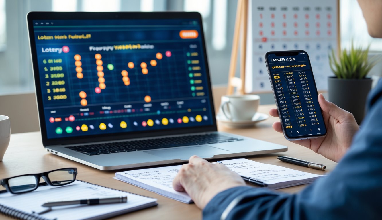 Meja kerja dengan laptop, catatan, dan ponsel yang menampilkan data dan pola angka togel Jepang.