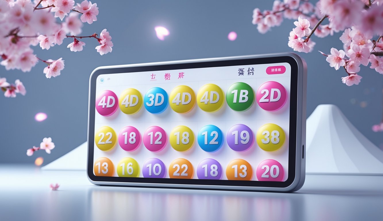 Antarmuka digital modern dengan angka lotere berwarna-warni dan latar belakang elemen Jepang seperti bunga sakura dan Gunung Fuji.