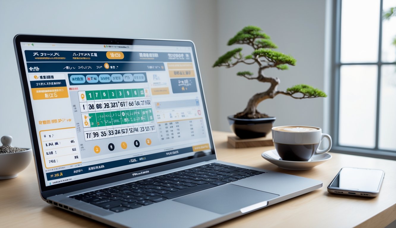 Meja kerja modern dengan laptop dan ponsel yang menampilkan antarmuka lotere digital, dengan pohon bonsai kecil di latar belakang.