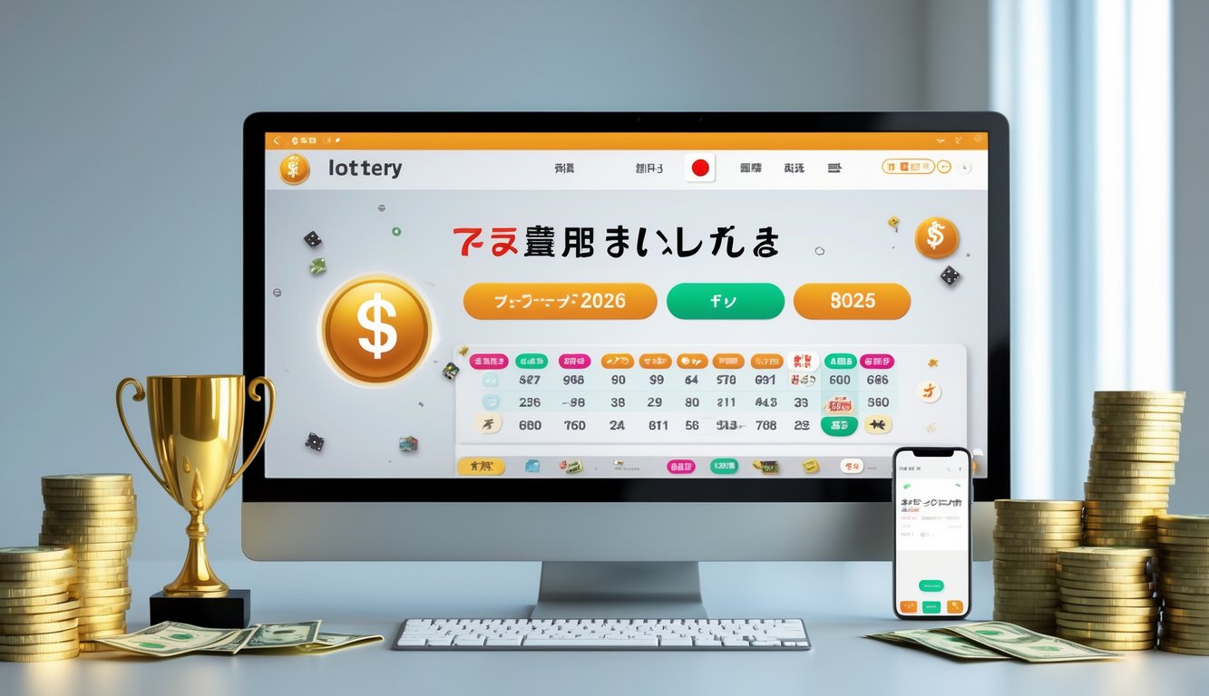 Meja kerja modern dengan komputer menampilkan antarmuka lotere online bertema Jepang, dengan trofi emas dan uang di sekitar, menunjukkan suasana terpercaya dan sukses.
