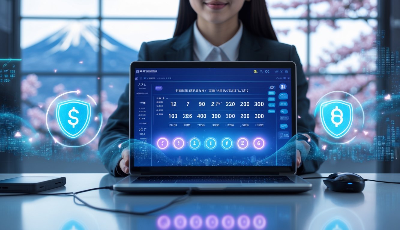 Seseorang menggunakan laptop di lingkungan digital modern dengan elemen visual yang menggambarkan permainan togel online Jepang yang terpercaya dan menguntungkan.