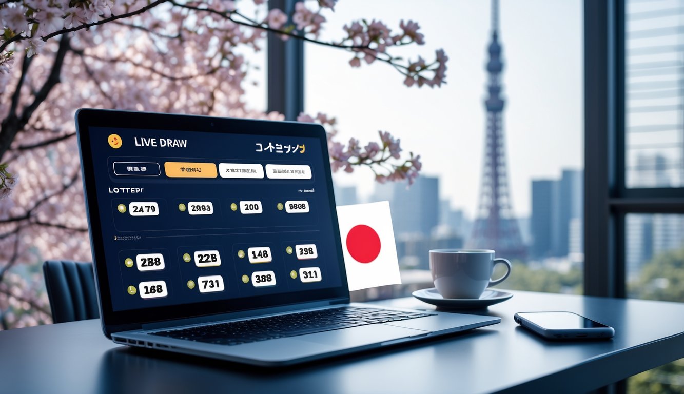 Meja kerja modern dengan laptop menampilkan hasil undian langsung togel Jepang, latar belakang dengan elemen budaya Jepang seperti bunga sakura dan pemandangan kota Tokyo.