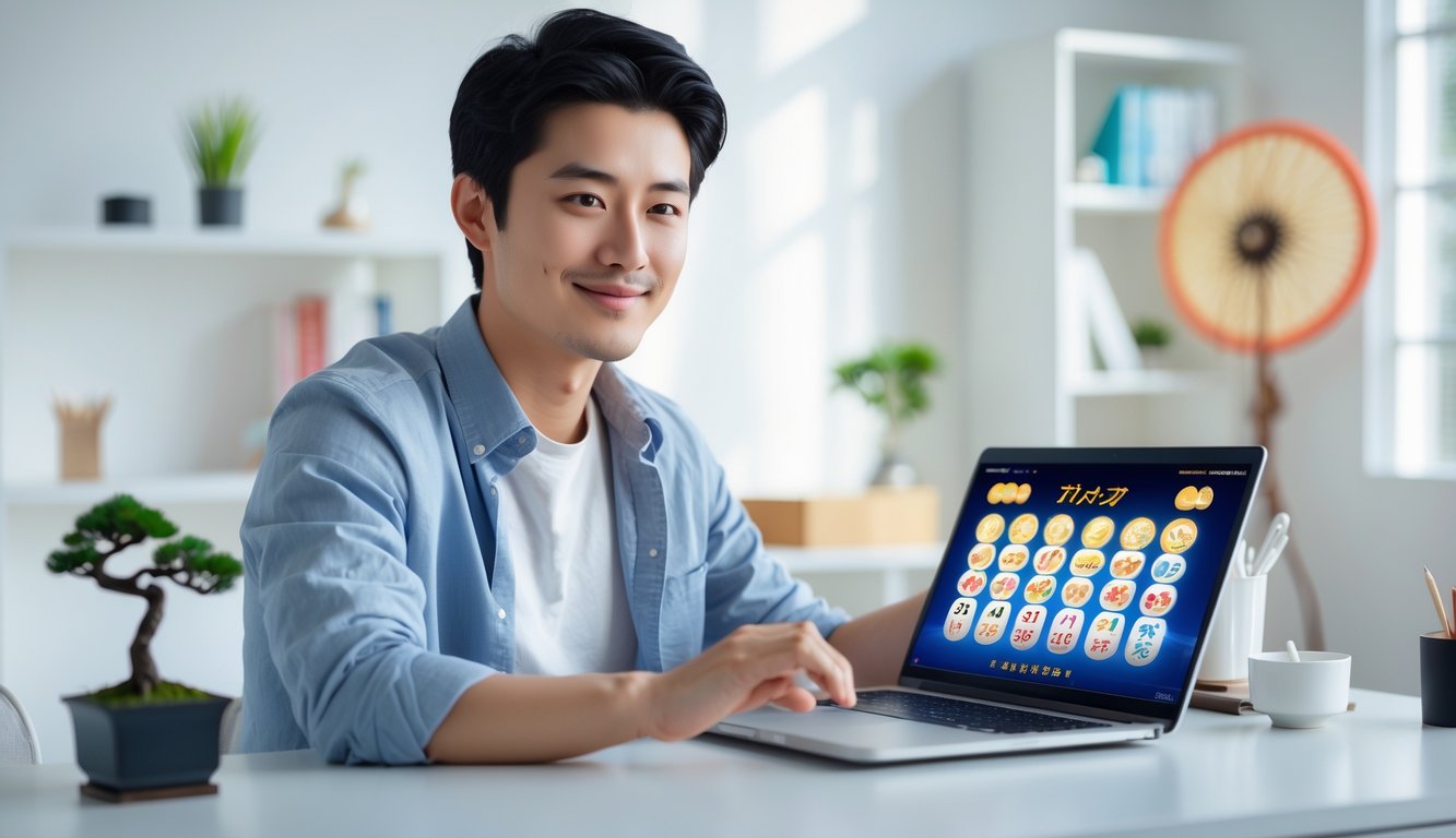 Seseorang muda duduk di meja dengan laptop, fokus bermain permainan togel Jepang online di ruang kerja yang rapi dan terang.