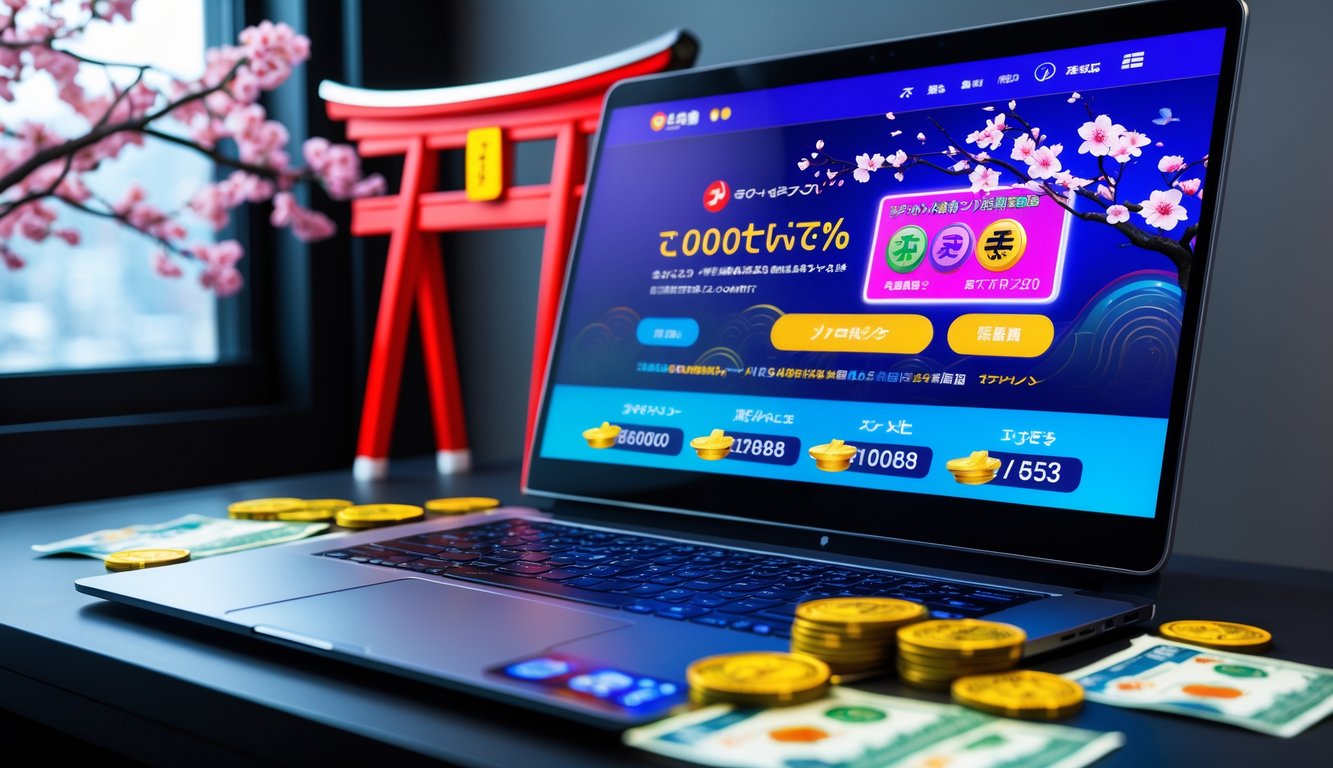 Seorang pengguna komputer di meja dengan layar menampilkan situs lotere online bergaya Jepang, dikelilingi oleh koin dan uang yen.