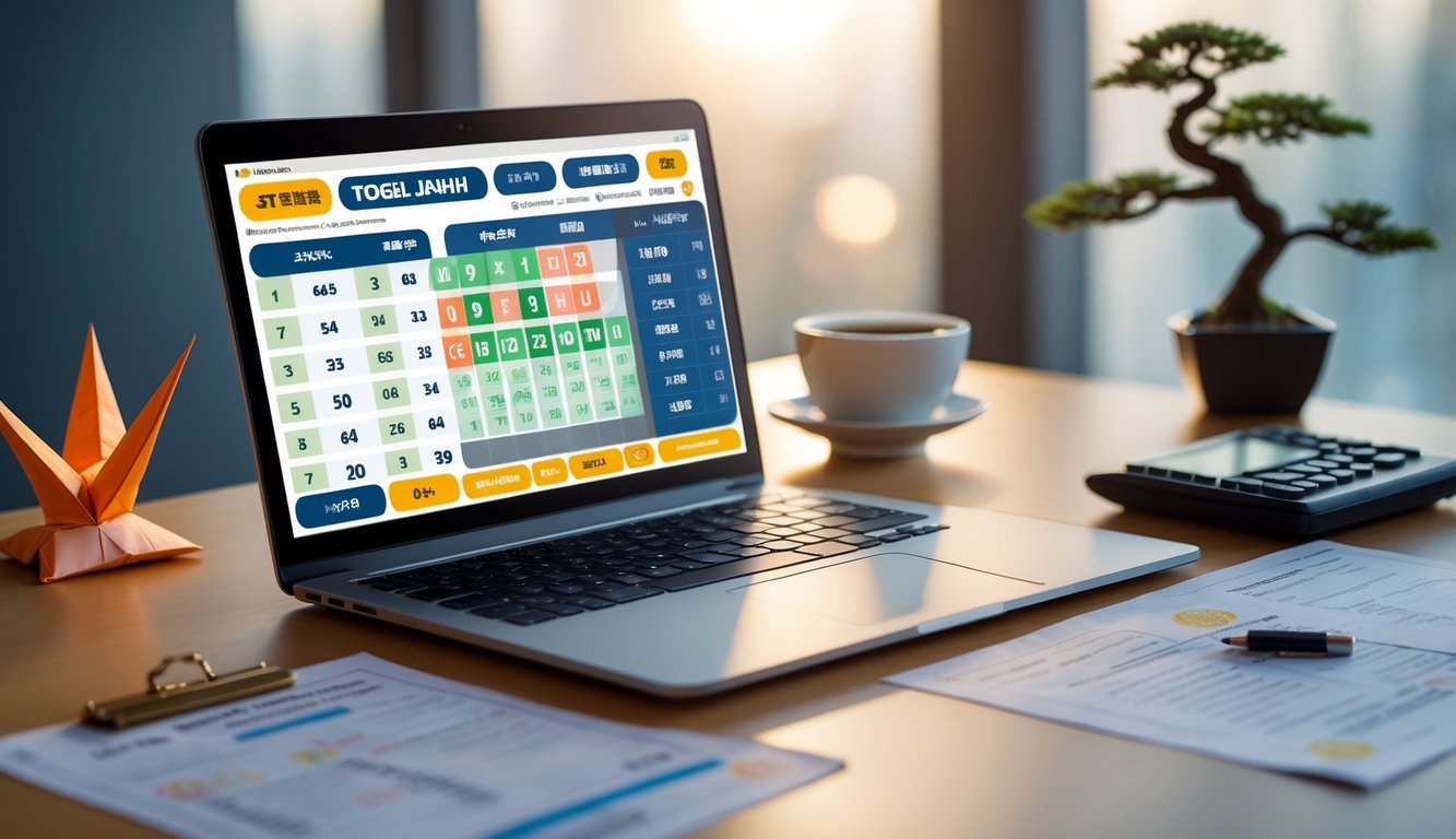 Seorang pria di meja kerja dengan laptop yang menampilkan antarmuka lotere digital, dikelilingi oleh elemen budaya Jepang dan peralatan kantor.