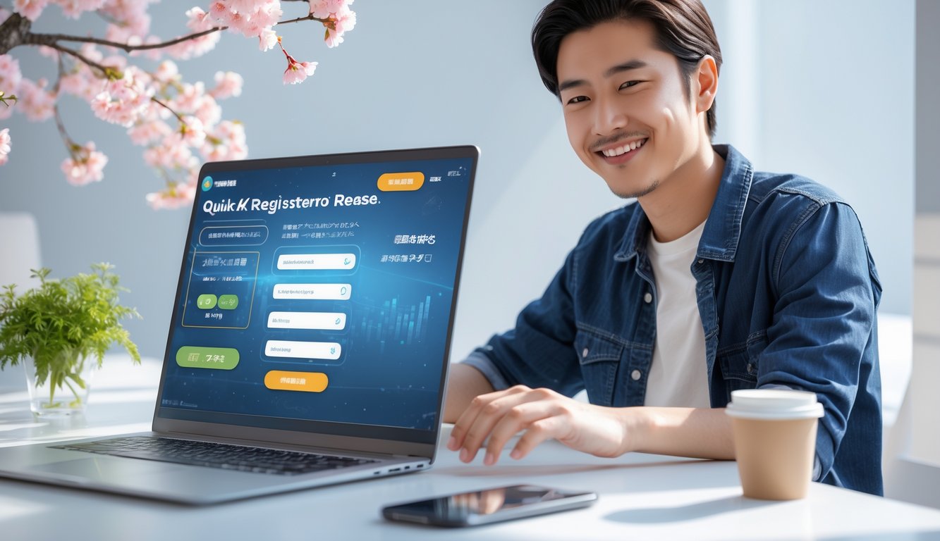Seorang dewasa muda tersenyum sambil menggunakan laptop di meja kerja yang rapi dengan elemen dekorasi Jepang, menunjukkan suasana santai dan efisien.