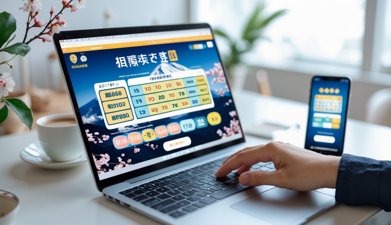 Seseorang menggunakan laptop di meja kerja dengan tampilan antarmuka lotere Jepang di layar, di samping ada ponsel dan secangkir kopi.