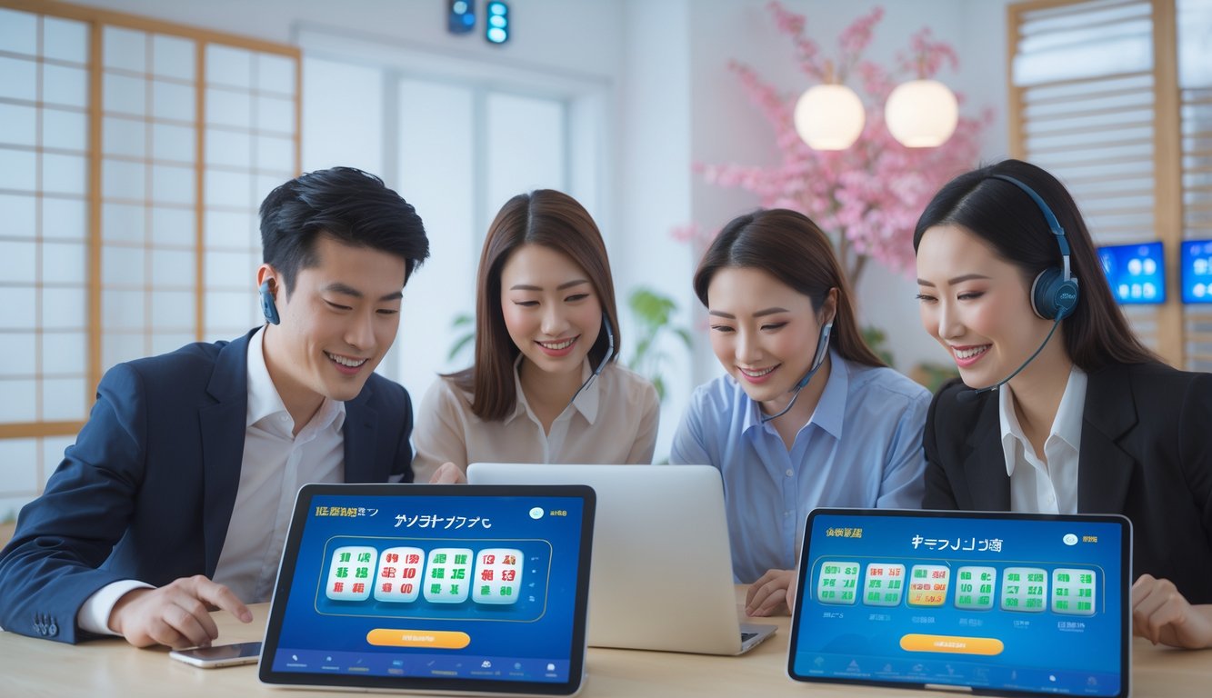 Sekelompok orang muda menggunakan perangkat digital di ruang kerja modern dengan dekorasi Jepang, menunjukkan aktivitas bermain togel online dan dukungan pelanggan 24 jam.