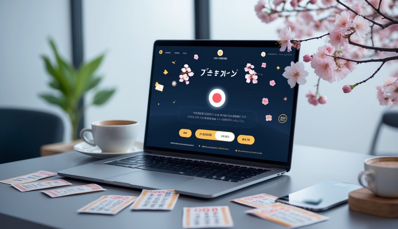 Meja kerja dengan laptop menampilkan antarmuka togel Jepang, tiket togel, ponsel dengan layar dukungan obrolan, dan secangkir kopi.