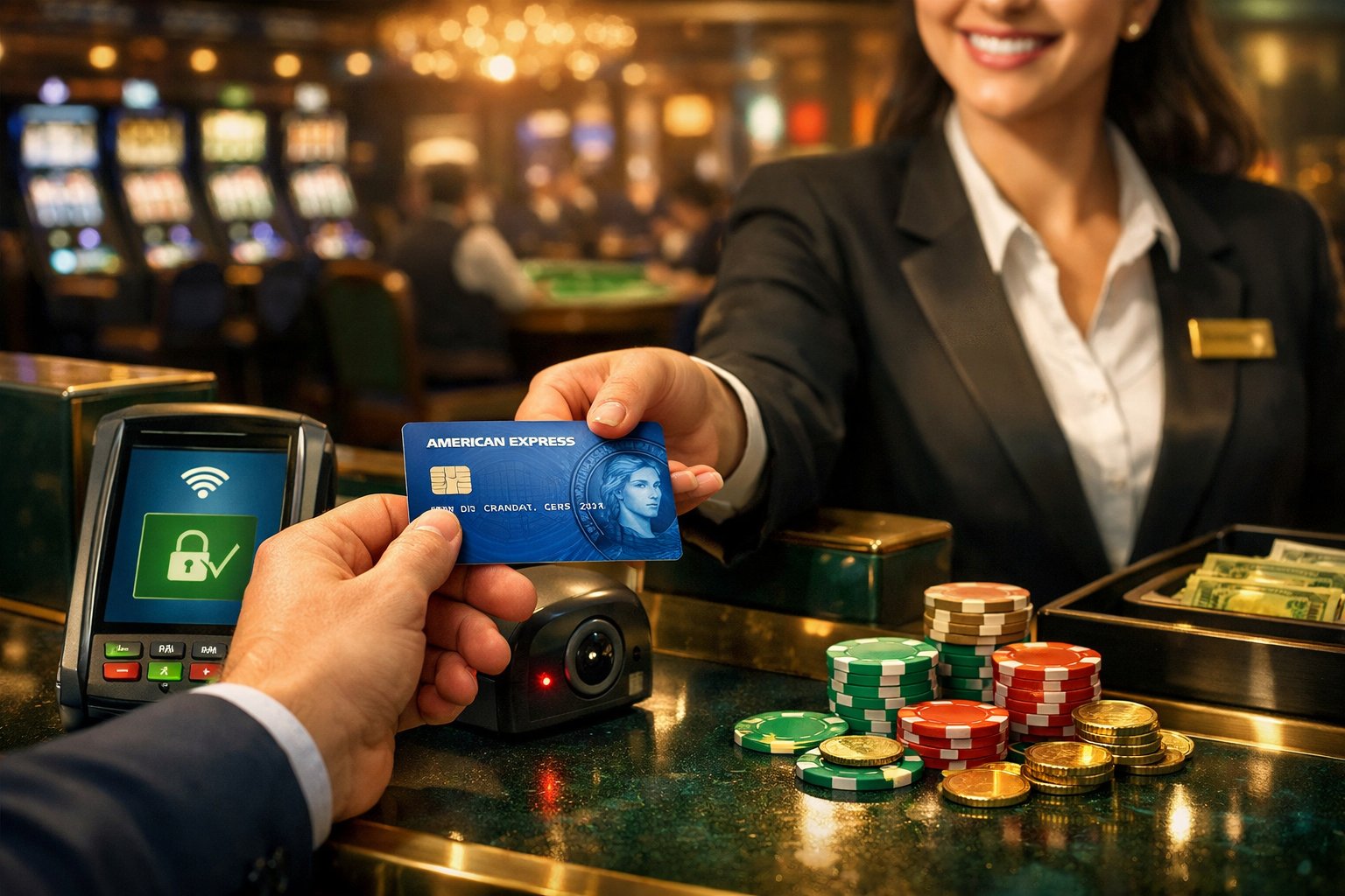 A Casino Cashier Counter Where A Customer Hands An American Express Card To A Cashier, With Slot Machines And Poker Tables Visible In The Background.