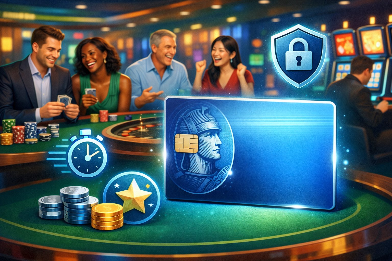 A Group Of Happy Casino Players Enjoying Games With A Glowing American Express Card And Icons Representing Fast, Secure Payments And Rewards.