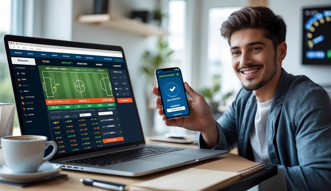 Seorang pria muda tersenyum sambil memegang ponsel di depan laptop yang menampilkan situs taruhan bola online dengan statistik pertandingan sepak bola.