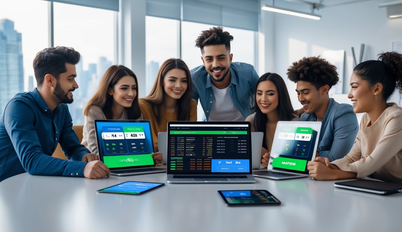 Sekelompok orang muda berkumpul di meja dengan perangkat digital yang menampilkan taruhan olahraga online dan grafik transaksi cepat.