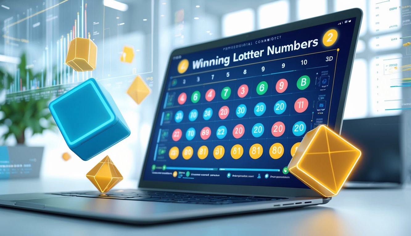 Seorang pengguna melihat layar perangkat digital yang menampilkan angka lotere dan grafik prediksi dengan latar belakang kantor modern.