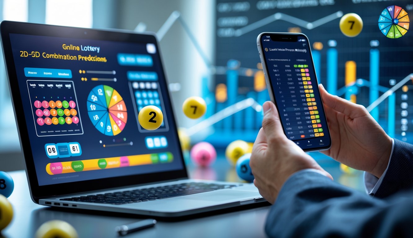 Seorang pengguna di depan laptop dan ponsel dengan tampilan grafik dan angka lotere, dikelilingi bola lotere dan elemen data digital.