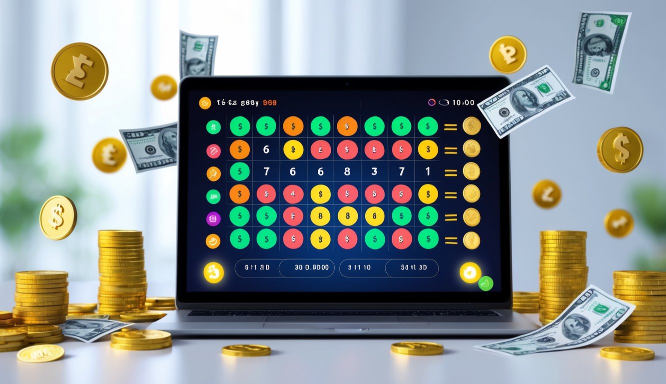 Seseorang menggunakan laptop dengan tampilan situs togel online dengan angka dan simbol uang di sekitarnya.