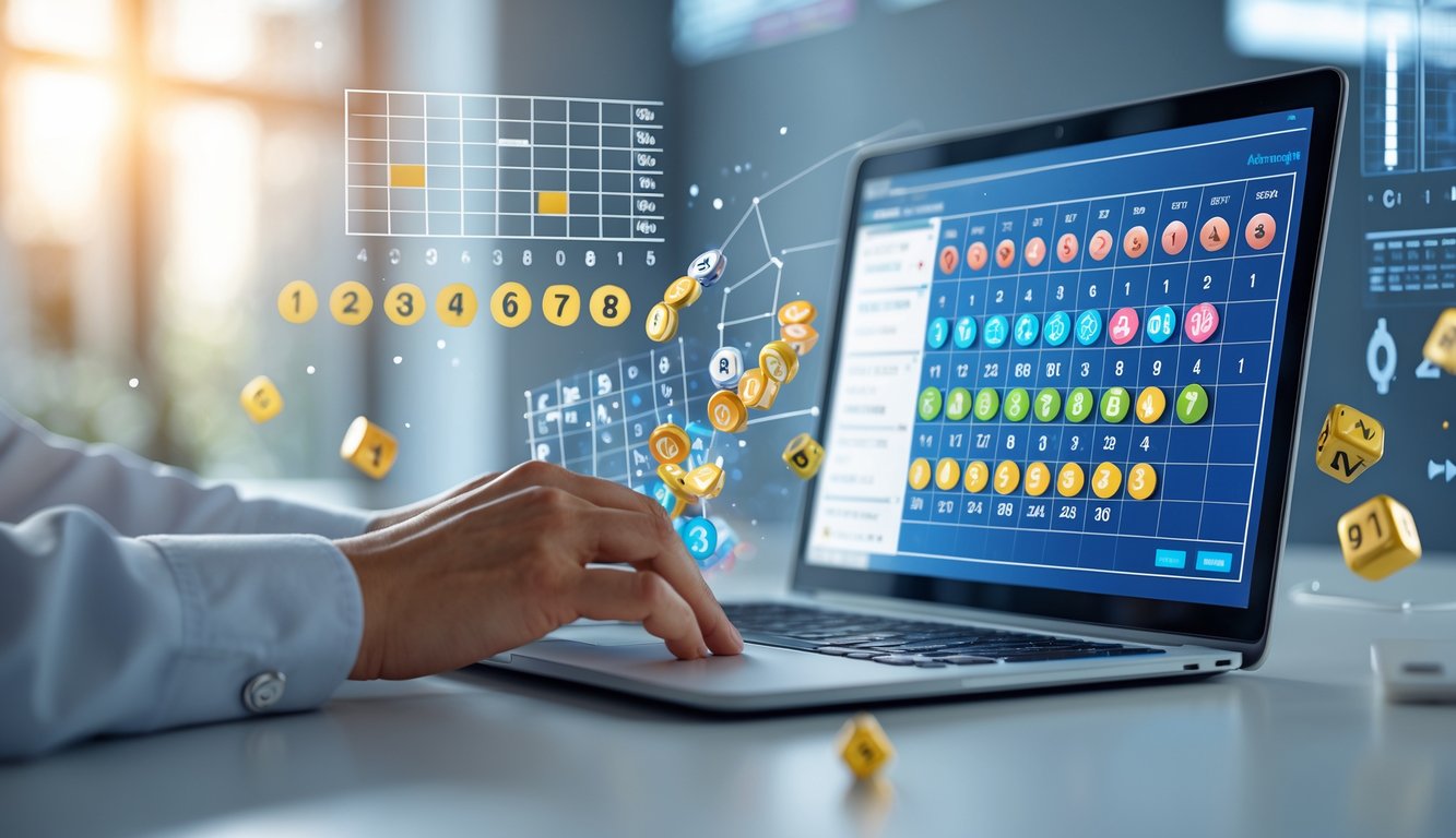 Seseorang menggunakan laptop dengan tampilan angka togel dan grafik di layar, menggambarkan aktivitas situs togel kombinasi 2D-3D online.