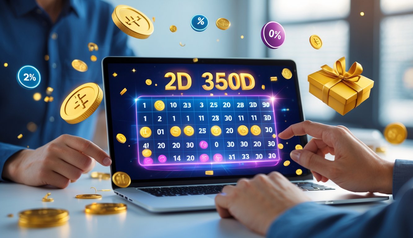 Seseorang menggunakan laptop atau ponsel untuk bermain lotere online dengan angka dan simbol hadiah di layar.