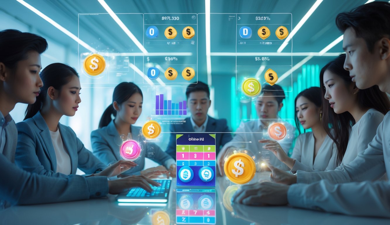 Sekelompok orang muda sedang menggunakan perangkat digital dengan tampilan kombinasi angka togel 2D dan 3D di layar, di sebuah ruang kantor modern dengan pencahayaan biru dan hijau.