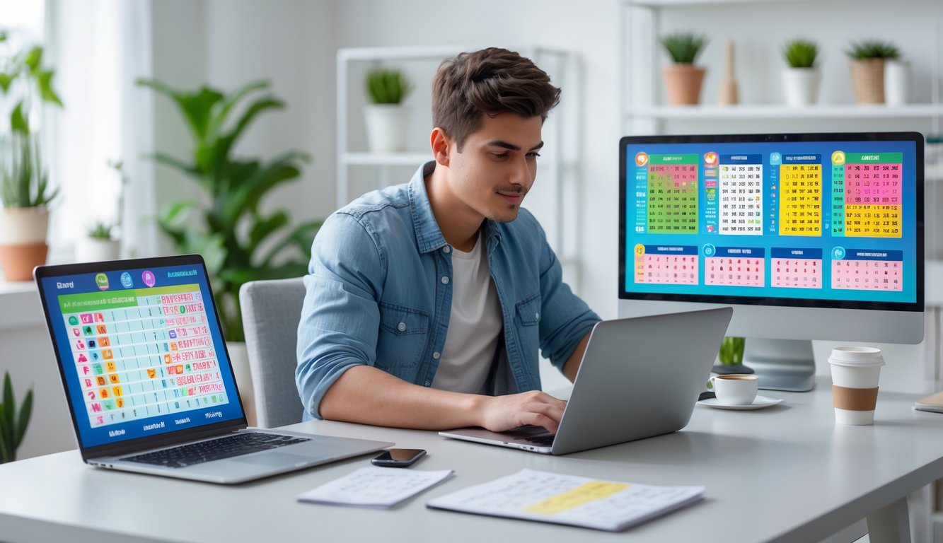 Seorang pria muda duduk di meja kerja dengan laptop dan ponsel, fokus melihat layar yang menampilkan angka dan grafik terkait permainan togel online.