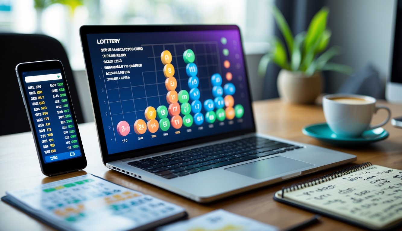 Seorang pria duduk di depan laptop dengan data angka dan grafik, dikelilingi oleh ponsel, buku catatan, dan cangkir kopi di ruang kerja rumah.