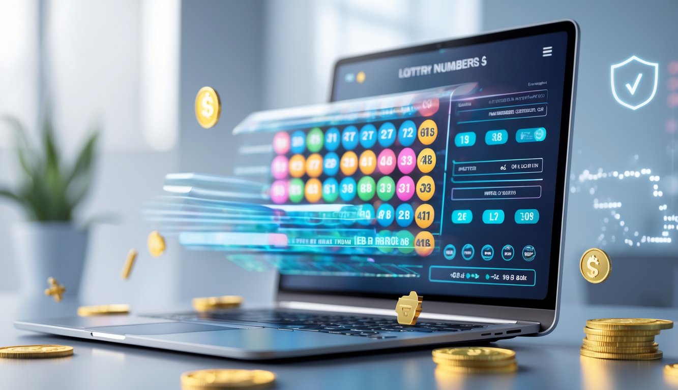Sebuah meja kerja modern dengan perangkat digital yang menampilkan angka dan grafik lotre, dikelilingi simbol kepercayaan dan koin digital.