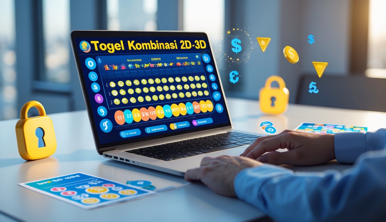 Sebuah meja kerja modern dengan laptop yang menampilkan antarmuka lotere digital dan elemen simbol kepercayaan serta uang di sekitarnya.