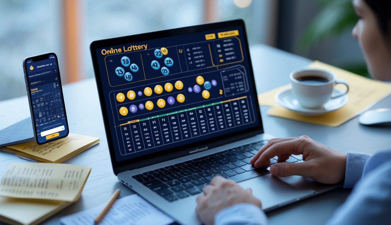 Meja kerja modern dengan laptop menampilkan grafik dan angka lotere, catatan, ponsel dengan aplikasi lotere, dan secangkir kopi.