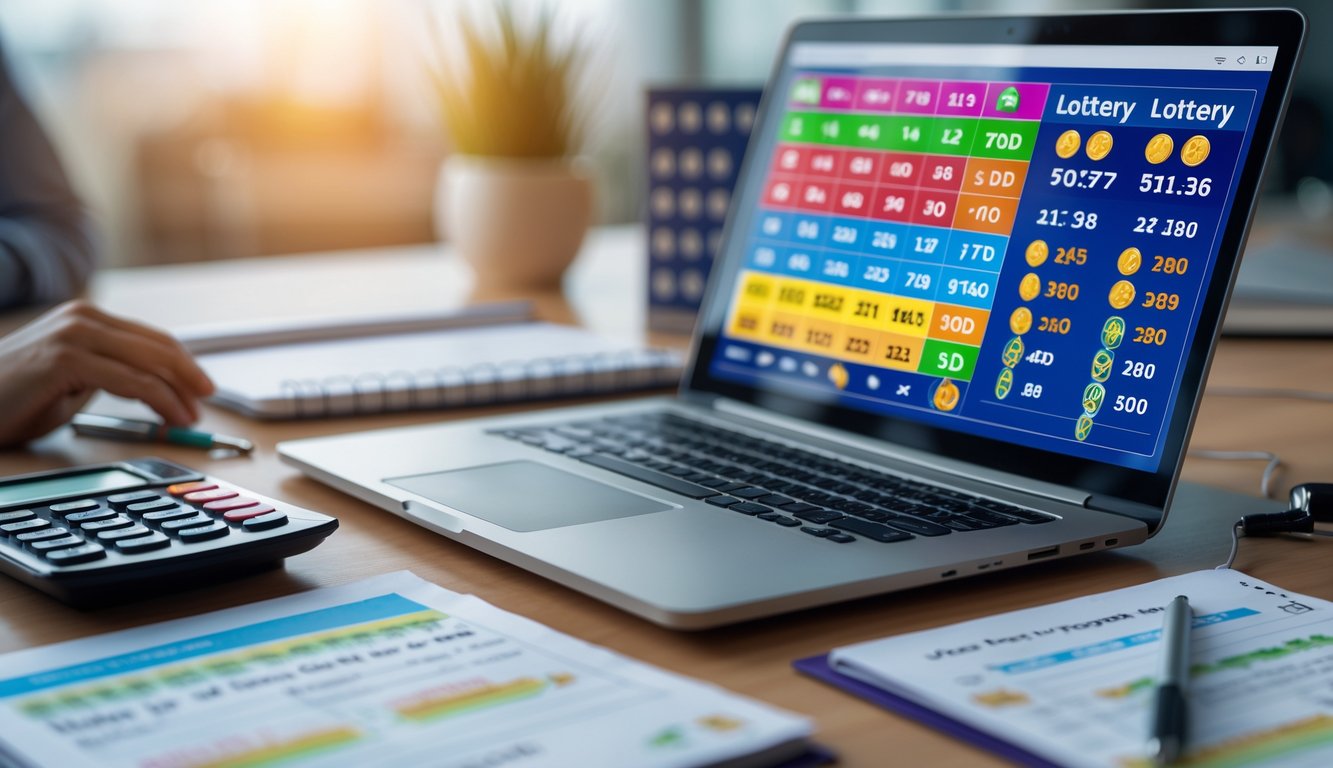 Seorang profesional sedang bekerja dengan laptop yang menampilkan grafik dan angka togel, dikelilingi alat tulis dan ponsel di meja kerja.