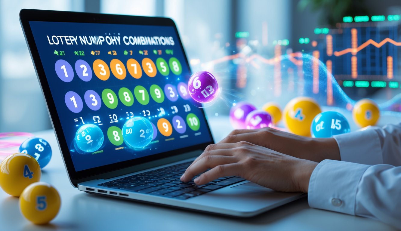 Seseorang menggunakan laptop di meja modern dengan tampilan angka dan grafik yang menunjukkan konsep togel online dengan kombinasi angka 2D dan 3D.
