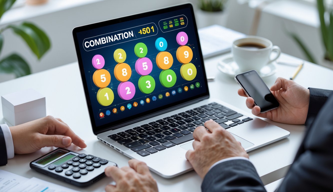 Seseorang menggunakan laptop dan ponsel di meja kerja dengan tampilan angka dan grafik lotere di layar.